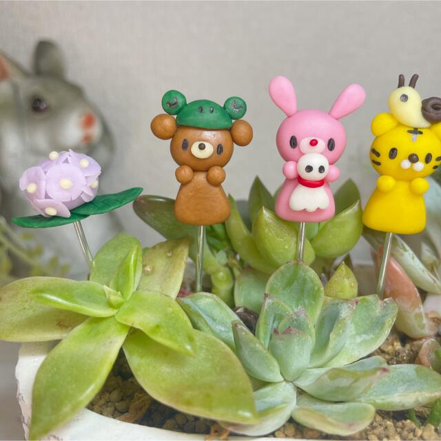 ハンドメイド　ガーデンピック　動物さんの梅雨ピック　多肉植物 ハンドメイドのフラワー/ガーデン(その他)の商品写真