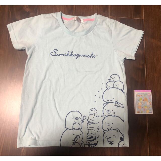 サンエックス(サンエックス)のすみっコぐらし　水色Tシャツ　150  メモ帳おまけ キッズ/ベビー/マタニティのキッズ服女の子用(90cm~)(Tシャツ/カットソー)の商品写真