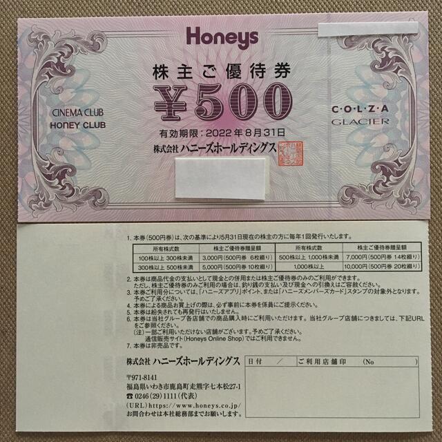 HONEYS(ハニーズ)のハニーズ　株主優待券　500円分 チケットの優待券/割引券(ショッピング)の商品写真