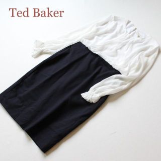 テッドベイカー(TED BAKER)のテッドベイカー★シフォン　ドッキング　ワンピース　透け感　白紺　2（S～M)(ひざ丈ワンピース)