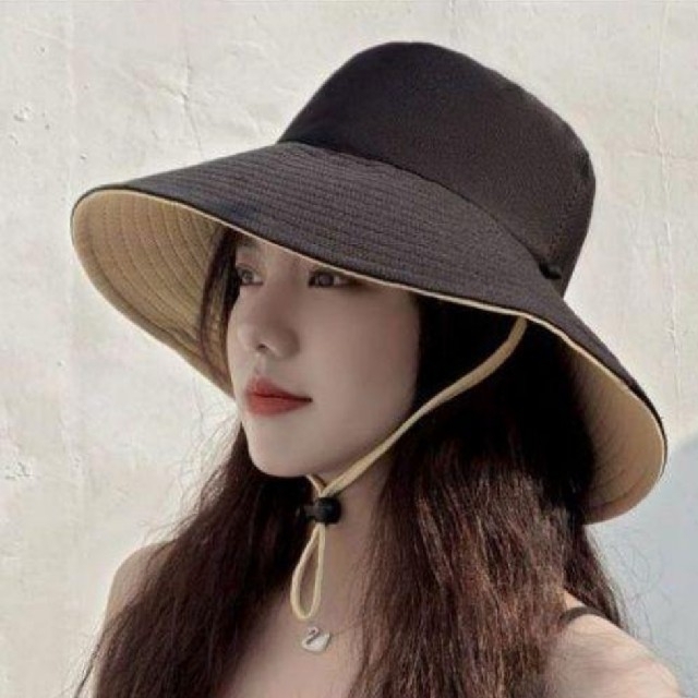 UVカット　帽子　黒　クリーム　リバーシブ　日焼け防止　紫外線対策　フリー レディースの帽子(ハット)の商品写真