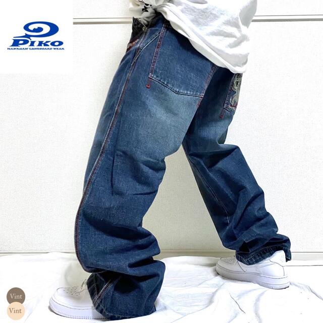 カーキ×インディゴ Used piko 00s old バギーデニムパンツ 刺繍ロゴ
