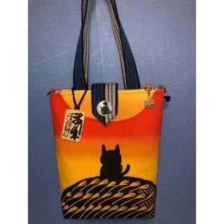 272. にゃんこ手ぬぐいリメイクトートバッグ(内ポケット有り)夕日ねこ