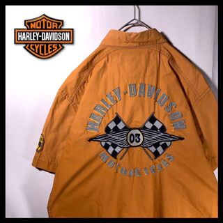ハーレーダビッドソン(Harley Davidson)の希少 ハーレダビッドソン ワークシャツ 半袖 刺繍 オレンジ Mサイズ(シャツ)