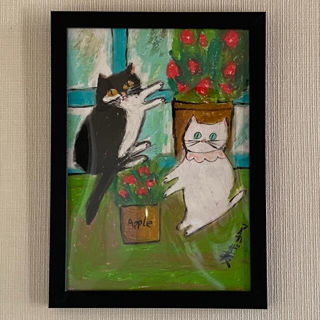ゆったり柔らか 絵画 。壁掛け絵原画【猫ちゃんたちの楽しい果樹栽培の