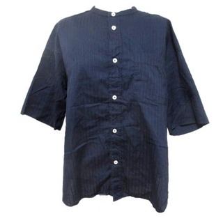 ルグラジック(LE GLAZIK)のルグラジック Le glazik ノーカラー 紺 半袖 シャツ ストライプ 紺 (シャツ/ブラウス(半袖/袖なし))