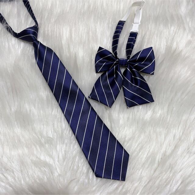 【新品】ネイビー　ストライプ　ネクタイとスクールリボン2点セット レディースのファッション小物(ネクタイ)の商品写真