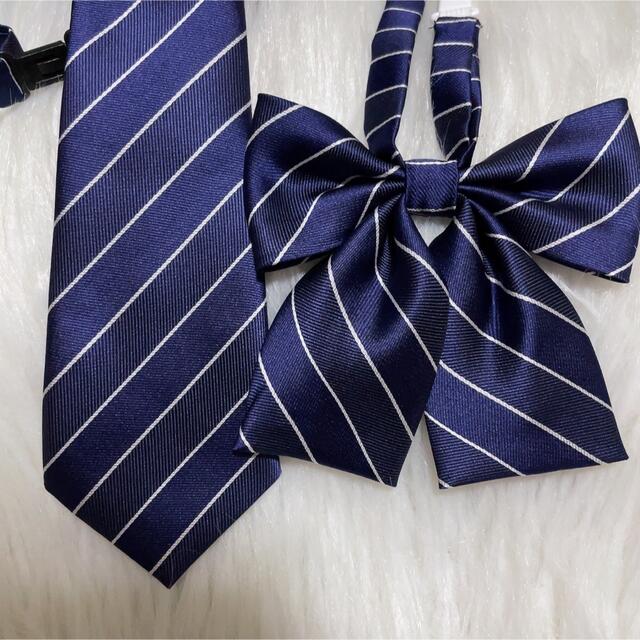 【新品】ネイビー　ストライプ　ネクタイとスクールリボン2点セット レディースのファッション小物(ネクタイ)の商品写真
