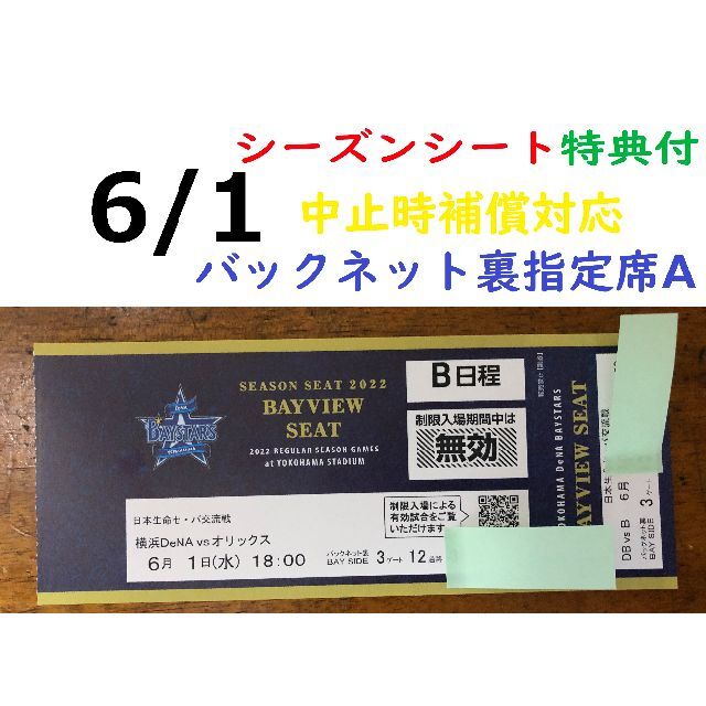 横浜DeNAベイスターズvsオリックス6月1日(水)外野通路側含む2枚