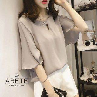 新品 グレー シフォン ブラウス 半袖 トップス(シャツ/ブラウス(半袖/袖なし))