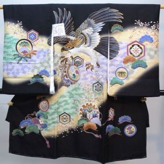 お宮参り産着 男児 正絹 のしめ 豪華絢爛 金刺繍 羽二重 黒地 NO29197(お宮参り用品)