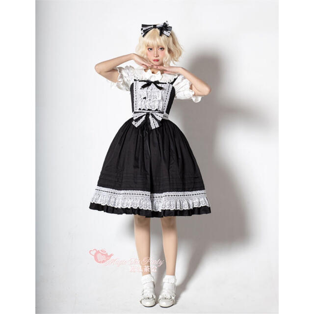 Angelic Pretty(アンジェリックプリティー)の■ハイウエストAラインジャンパースカート+リボンカチューシャセット 黒×白 XL レディースのワンピース(ひざ丈ワンピース)の商品写真