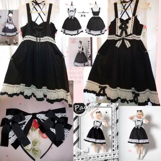 アンジェリックプリティー(Angelic Pretty)の■ハイウエストAラインジャンパースカート+リボンカチューシャセット 黒×白 XL(ひざ丈ワンピース)