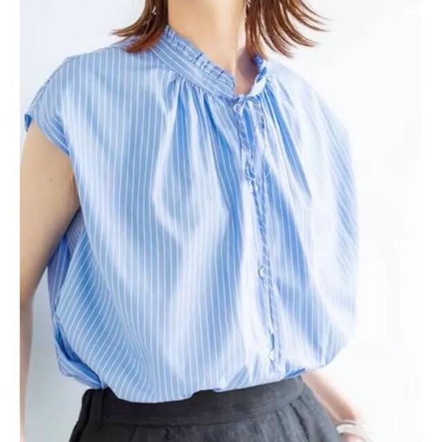 IENA ストライプフリルノースリーブブラウス サックスブルー | www