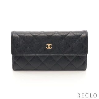 シャネル(CHANEL)のマトラッセ 二つ折り長財布 キャビアスキン ブラック ゴールド金具(財布)