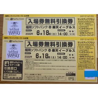 フクオカソフトバンクホークス(福岡ソフトバンクホークス)の福岡ソフトバンクホークス 6月18日(土) 入場券無料引換券2枚(野球)