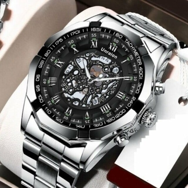 新品 彫スケルトンUnraion 腕時計メンズ ラグジュアリーステンレス 黒 メンズの時計(腕時計(アナログ))の商品写真