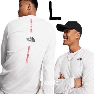 ザノースフェイス(THE NORTH FACE)のノースフェイス　長袖　ロンT 海外限定 ホワイト 赤 ロゴ バーティカル 海外L(Tシャツ/カットソー(七分/長袖))