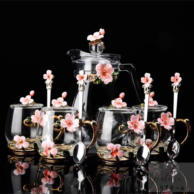 花柄ガラス製 ティーカップ セット．食器 コーヒーカップ 豪華カップセットキッチン/食器