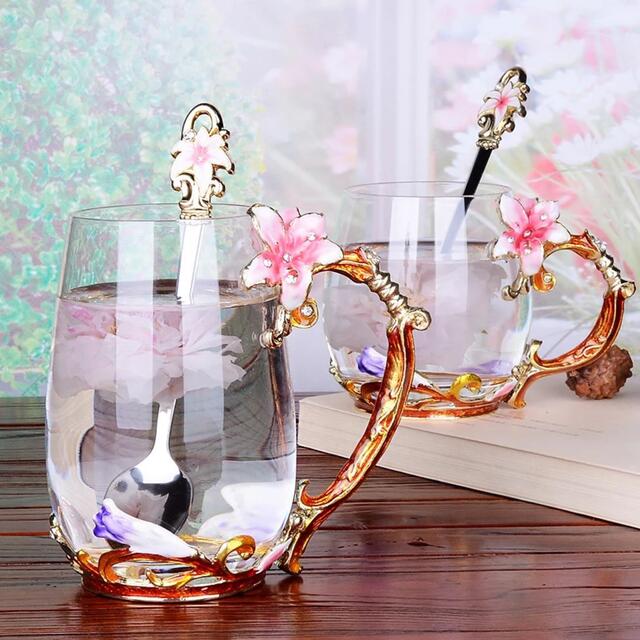 花柄ガラス製 ティーカップ セット食器 コーヒーカップ 豪華カップ
