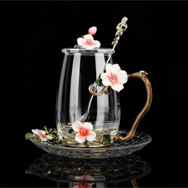花柄ガラス製 ティーカップ 1客セット食器 コーヒーカップ 豪華カップセットグラス/カップ