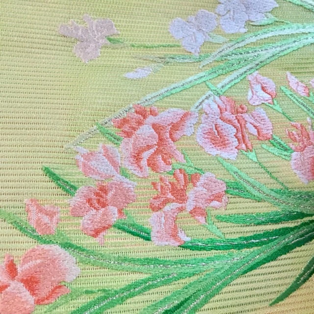 正絹絽 名古屋帯反物♪西陣♪グリーンに花の刺繍♪45800円のタグ付き♪未仕立て