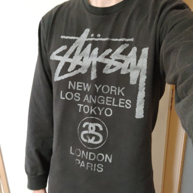 WORLD TOURかすれ長袖TシャツM黒BLACK灰色STUSSY大都市ロンＴ