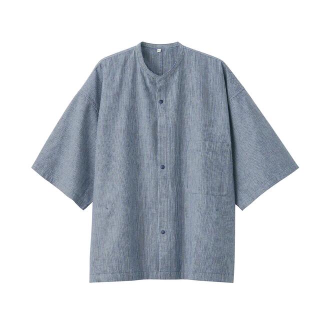 【新品】MUJI Labo ライトオンスヒッコリースタンドカラー半袖シャツ