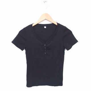 ユニクロ(UNIQLO)のユニクロ カットソー Tシャツ Vネック ハーフボタン 半袖 S 黒(カットソー(半袖/袖なし))