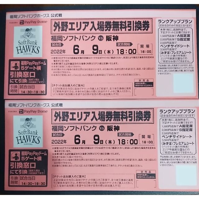 ◆福岡ソフトバンク 対 阪神タイガース　外野エリア入場券無料引換券　2枚 チケットのスポーツ(野球)の商品写真