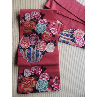 アンティーク　丸帯　夏帯　絽　鯉のぼり　薔薇　刺繍　正絹