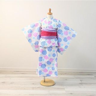 キッズ 子供 浴衣 ワンピース 帯付き 白 紫陽花 風船 140cm 7w-1(浴衣)