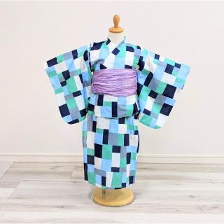 キッズ 子供 浴衣 ワンピース 青 帯付き 130cm 5w-2(甚平/浴衣)