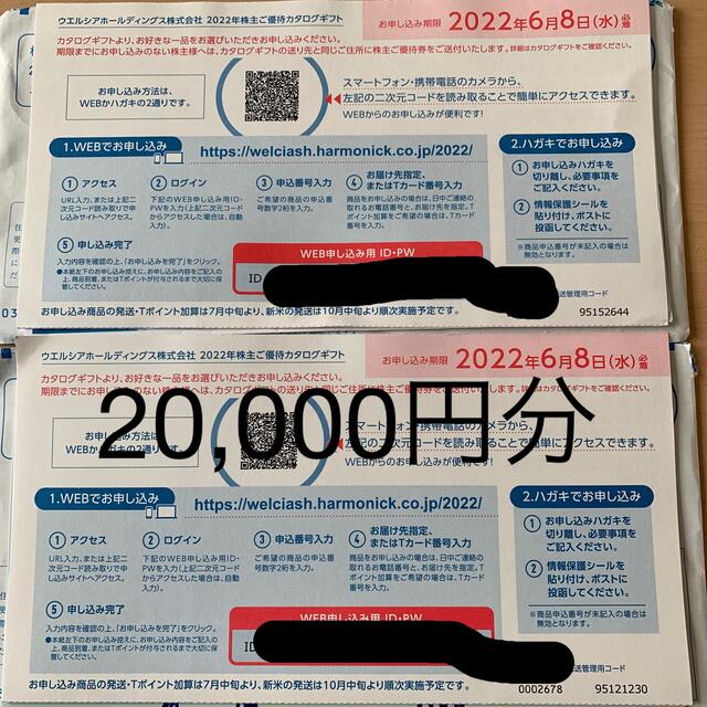 ウエルシア　株主優待　申し込みハガキ　２セット　20,000円分