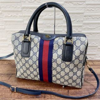 グッチ(Gucci)のオールド グッチ シェリーライン ハンド ショルダー バッグ 2WAY 紺色(ハンドバッグ)