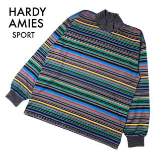 ハーディエイミス(HARDY AMIES)の美品ハーディエイミスポーツ モックネック長袖カットソー ボーダー グレー M(Tシャツ/カットソー(七分/長袖))