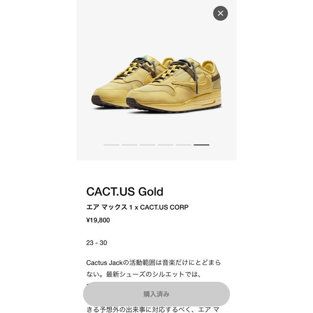 NIKE(ナイキ)のトラヴィス・スコット × ナイキ エアマックス1 "カクタス ゴールド" メンズの靴/シューズ(スニーカー)の商品写真