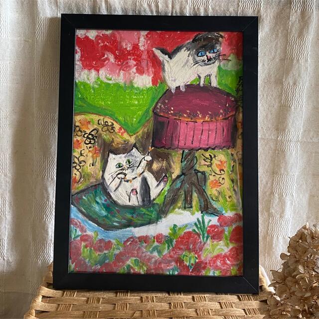 絵画。壁掛け原画【花の中の女の子と黒猫】 - 絵画/タペストリ