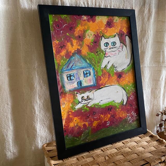 絵画 。壁掛け絵原画【ヨーロッパ庭園の猫ちゃんたちが愛している小さな世界】 4