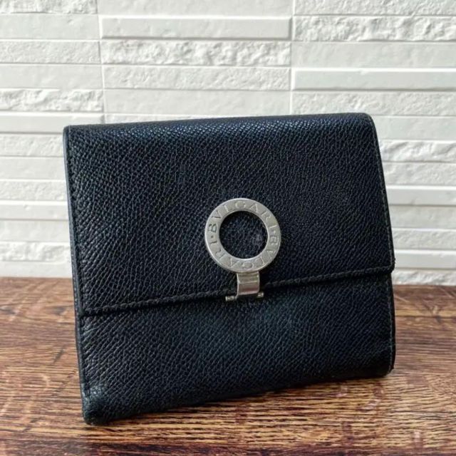 BVLGARI ブルガリ レザー 折り財布 二つ折り シルバー金具 ブラック - 財布