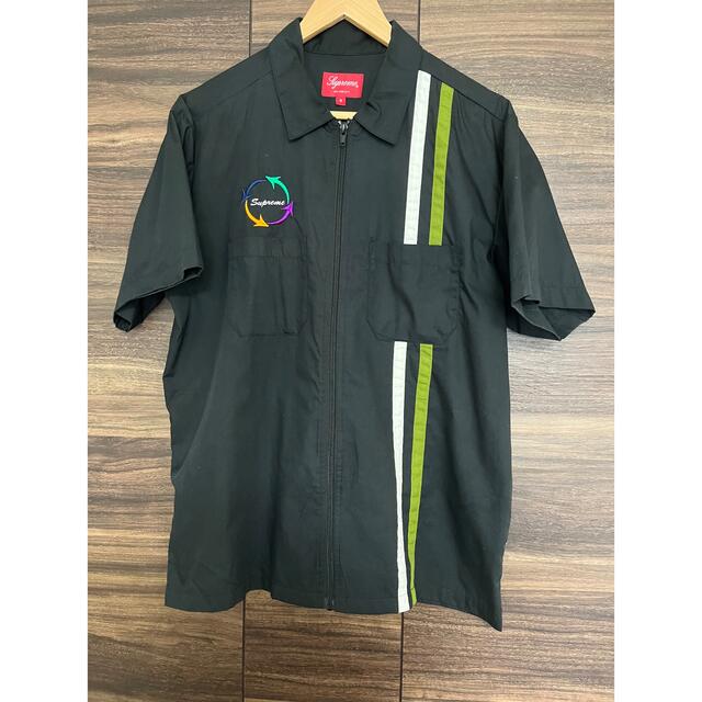 Supreme 2018SS Zip Up Work Shirt シュプリーム ジップアップワークシャツ 半袖シャツ スクリプトロゴ刺繍 サイドライン ホワイト サイズS 【221120】【新古品】【me04】