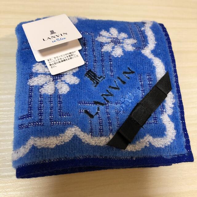 LANVIN en Bleu(ランバンオンブルー)のブルー　ランバン　タオルハンカチ　ミニ　黒リボン レディースのファッション小物(ハンカチ)の商品写真