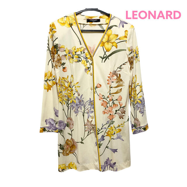 【美品】LEONARD ノーカラージャケット 花柄 金ボタン ダブル シルク