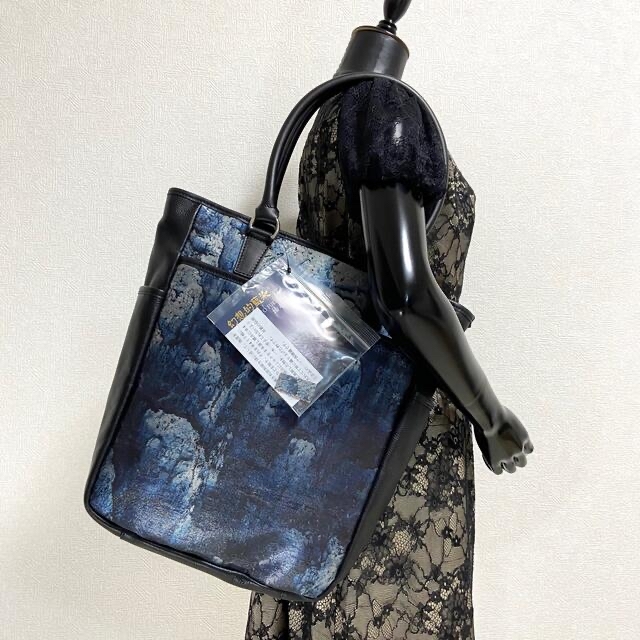 新品 幻想的藍染 京都伝統西陣織 ビッグレザーハンドトートバッグ 金箔 