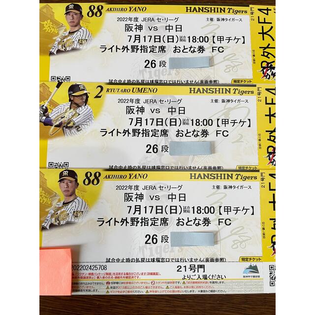 チケット阪神タイガース 甲子園球場 ライト外野席 チケット 3席連番