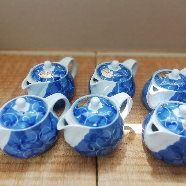 ☆激安☆陶器製日本製茶こし付き青色高級急須6点セット(未使用)