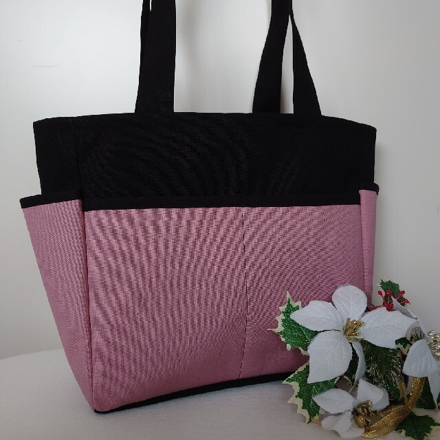 黒×くすみピンク 帆布 サイドポケット 肩掛けトートバッグ ハンドメイド