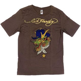 エドハーディー(Ed Hardy)のエド・ハーディ ハットドラゴン ストーンプリント Tシャツ ブラウン L(Tシャツ/カットソー(半袖/袖なし))