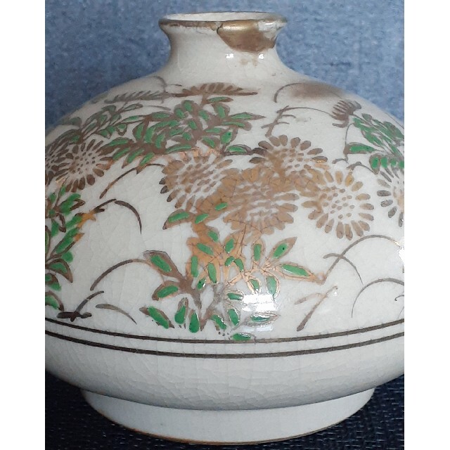 時代古作品】京焼 古清水【野々村仁清】銘 金彩色絵 草花の図 油壺 花