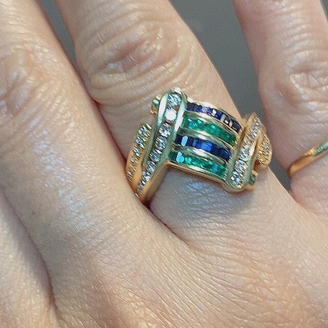 K18 サファイア、エメラルド、ダイヤモンド指輪 レディースのアクセサリー(リング(指輪))の商品写真